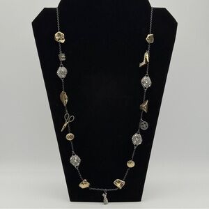 Cabi Fashion Charm Necklace | 32–35” | Scissors, Dress, Button, Crystals